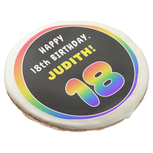 18th Birthday: Colorful Rainbow # 18, Custom Name Sugar Cookie (Angled)