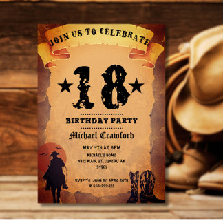 18th birthday cowboy old paper horse riding party invitation