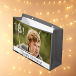 18th birthday custom photo boy guy large gift bag<br><div class="desc">Insert Your photo of the teenager,  landscape size photo.  With the number: 18 and the text on a white ribbon: Happy Birthday! Rough,  rustic fonts. Gray colored letters and number. Gray background color.</div>