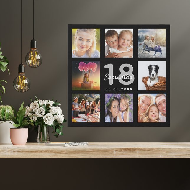 18th birthday custom photo collage black monogram faux canvas print (Creator Uploaded)