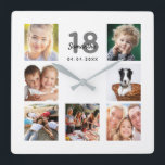 18th birthday custom photo collage friends square wall clock<br><div class="desc">A wall clock as a gift for a 18th birthday for a woman, celebrating her life with a collage of 7 of your photos. Personalize and add a name, age 18 and a date. Date of birth or the date of the anniversary. Black and gray colored letters. A chic white...</div>