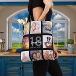 18th birthday custom photo collage girl black tote bag<br><div class="desc">A unique gift for a girl's 18th birthday, celebrating her life with a collage of 8 of your own photos, pictures. Personalize and add her name, age 18 and a date. A chic black background. Gray and white letters and numbers. The name is written with a modern hand lettered style...</div>