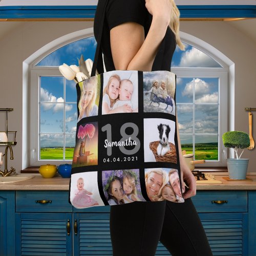18th birthday custom photo collage girl black tote bag