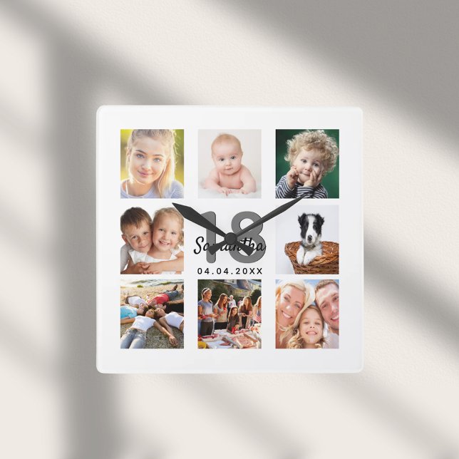 18th birthday custom photo collage girl milestone square wall clock (Creator Uploaded)