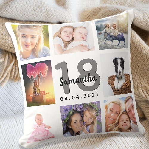 18th birthday custom photo collage girl white throw pillow
