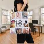 18th birthday custom photo collage girl white tote bag<br><div class="desc">A unique gift for a girl's 18th birthday, celebrating her life with a collage of 8 of your own photos, pictures. Personalize and add her name, age 18 and a date. A chic white background. Gray and black letters and numbers. The name is written with a modern hand lettered style...</div>