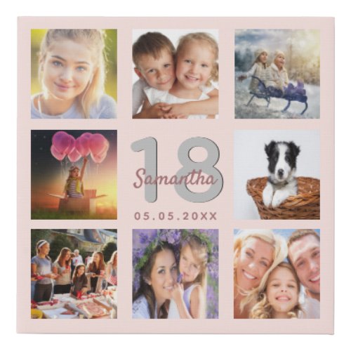 18th birthday custom photo collage rose gold name faux canvas print