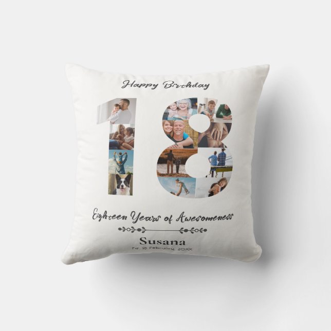 18th Birthday Custom Photo Collage Throw Pillow (Back)