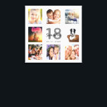 18th birthday custom photo collage white monogram canvas print<br><div class="desc">A unique 18th birthday gift or keepsake, celebrating her life with a collage of 8 of your photos. Add images of her family, friends, pets, hobbies or dream travel destination. Personalize and add a name, age 18 and a date. Gray and black colored letters. A chic white background. This canvas...</div>