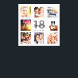 18th birthday custom photo collage white monogram canvas print<br><div class="desc">A unique 18th birthday gift or keepsake, celebrating her life with a collage of 8 of your photos. Add images of her family, friends, pets, hobbies or dream travel destination. Personalize and add a name, age 18 and a date. Gray and black colored letters. A chic white background. This canvas...</div>