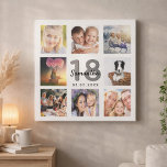 18th birthday custom photo collage white monogram faux canvas print<br><div class="desc">A unique 18th birthday gift or keepsake, celebrating her life with a collage of 8 of your photos. Add images of her family, friends, pets, hobbies or dream travel destination. Personalize and add a name, age 18 and a date. Gray and black colored letters. A chic white background. This canvas...</div>