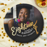 18th Birthday custom photo gold black Paper Plates<br><div class="desc">Eighteen gold script text and 18 key to the door photo party paper plate. Personalize this 18th birthday party script photo birthday design with your own birthday girls name and two photos of your birthday girl one on both sides great for a now and then photo opportunity. Other years and...</div>