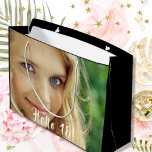 18th birthday custom photo hello 18 eighteen large gift bag<br><div class="desc">Template for Your photo.  White text overlay: Hello 18!  A gift bag for a 18th birthday party.  Elegant black background color.</div>
