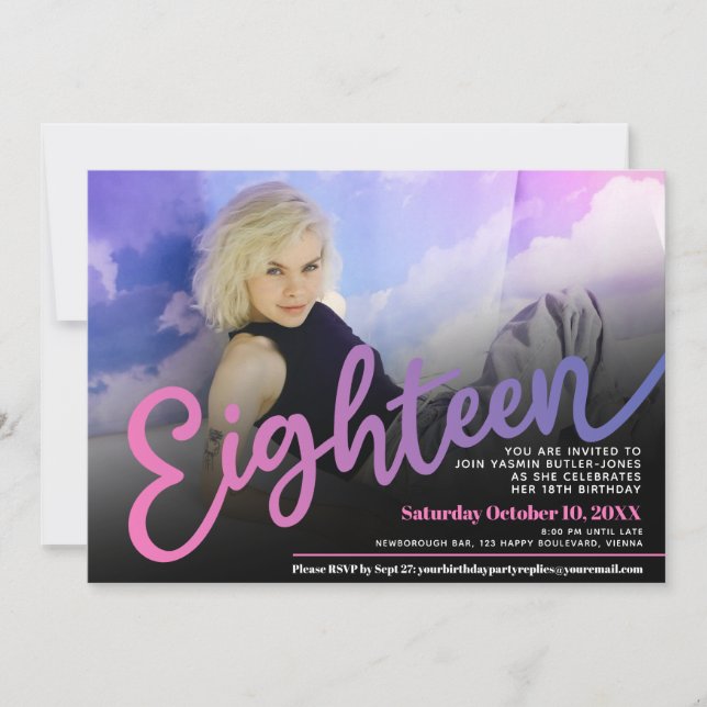 18th Birthday custom photo pink purple black Invitation (Front)