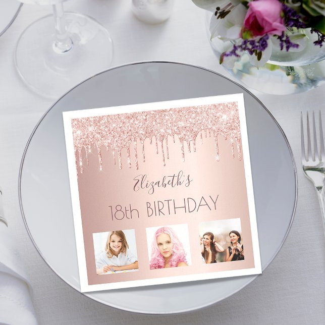 18th birthday custom photo rose gold pink drips napkins (Creator Uploaded)