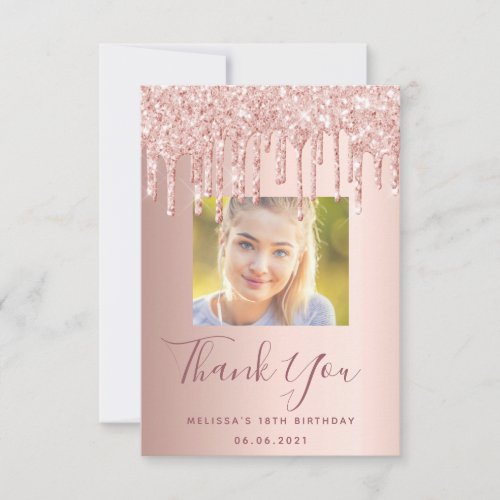 18th birthday custom photo rose gold pink glitter thank you card