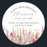 18th Birthday Custom Sticker August Birth Flower<br><div class="desc">Perfect personalized sticker for an August birthday party. Pink gladiolus is the birth flower for that month. It forms a pretty watercolor bottom border on this floral personalized birthday sticker. The birthday guest of honor's name, age and birthdate are placed above it using elegant calligraphy and typography. All text is...</div>