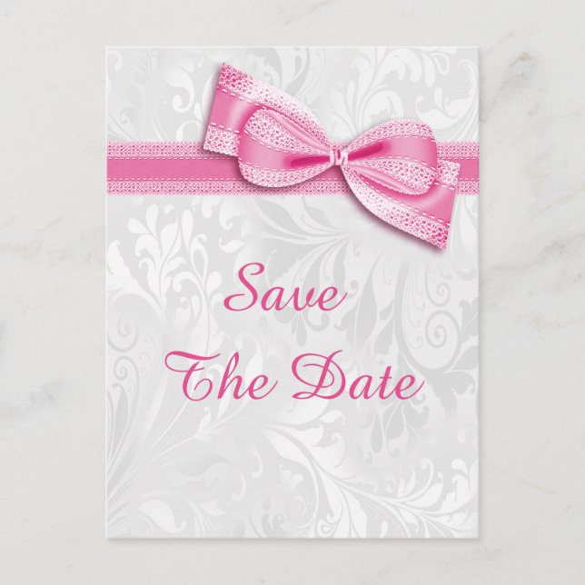 18th Birthday Damask and Faux Bow Save The Date Announcement Postcard (Front)