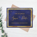 18th birthday dark blue gold save the date postcard<br><div class="desc">A Save the Date card for an 18th birthday party for a guy, man, male. A dark blue background decorated with golden confetti and a faux gold and black frame. The blue color is uneven. Templates for a date and name/age 18. Golden colored letters. The text: Save the Date is...</div>