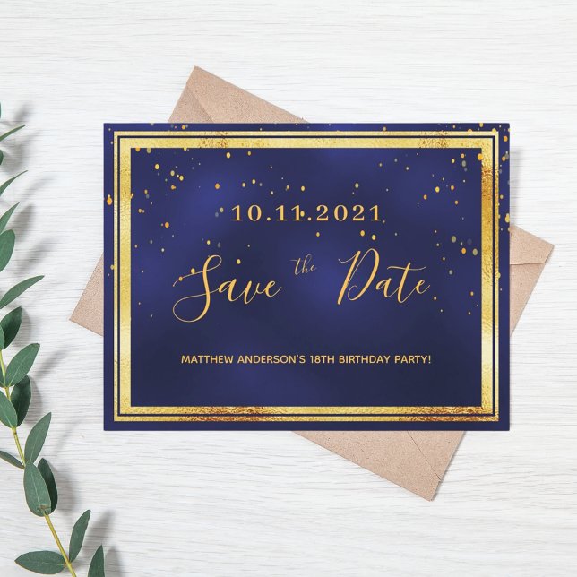 18th birthday dark blue gold save the date postcard (Creator Uploaded)