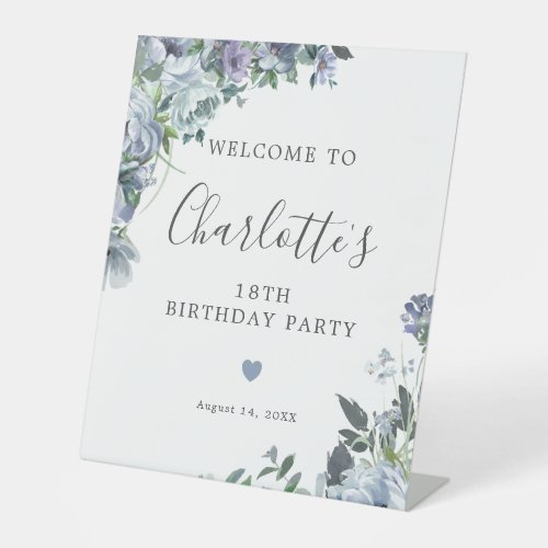 18th Birthday Dusty Blue Floral Welcome Pedestal Sign