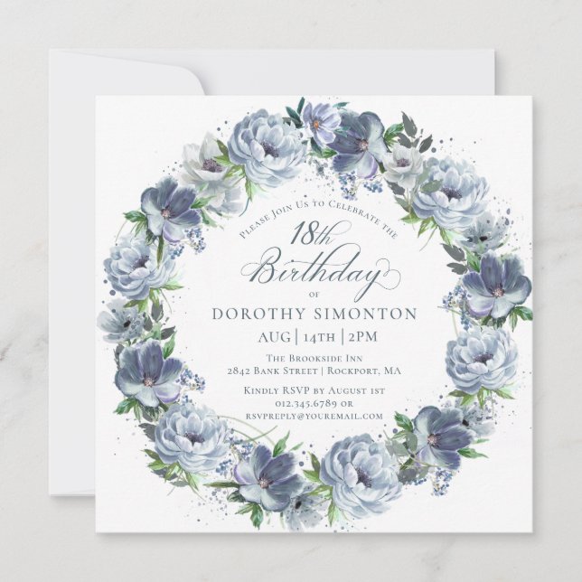 18th Birthday Dusty Blue Flower Wreath Invitation (Front)