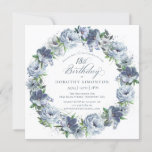 18th Birthday Dusty Blue Flower Wreath Invitation<br><div class="desc">Soft watercolor blue roses and peonies create a pretty springtime wreath to decorate this 19th birthday invitation. The typography adds an elegant aesthetic. This elegant birthday invitation is available in both traditional cardstock and a downloadable version. It is part of the Dusty Blue Floral collection. It lets you choose a...</div>