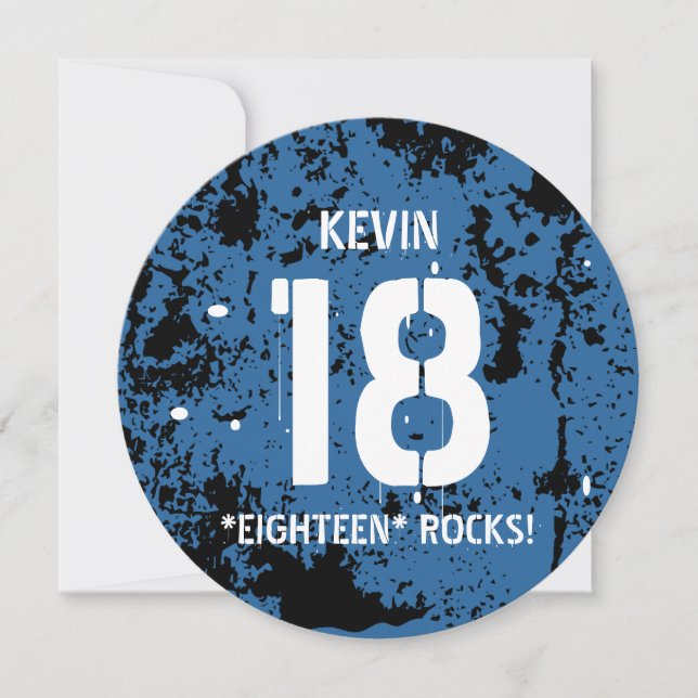 18th Birthday Eighteen Rocks BLUE Grunge F18Z Invitation (Front)