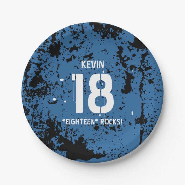 18th Birthday Eighteen Rocks BLUE Grunge F18Z Paper Plates (Front)