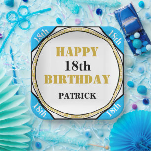 18th Birthday Elegant Blue Gold Paper Plates