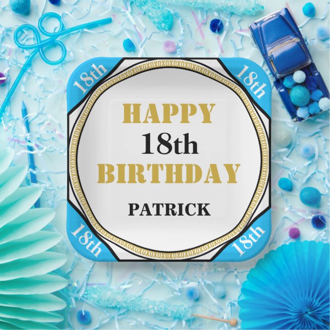 18th Birthday Elegant Blue Gold  Paper Plates (Party)