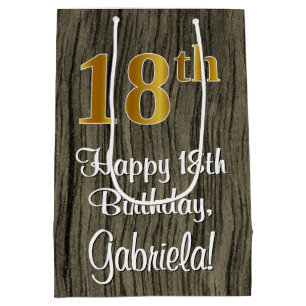 18th Birthday: Elegant Faux Gold Look #, Faux Wood Medium Gift Bag