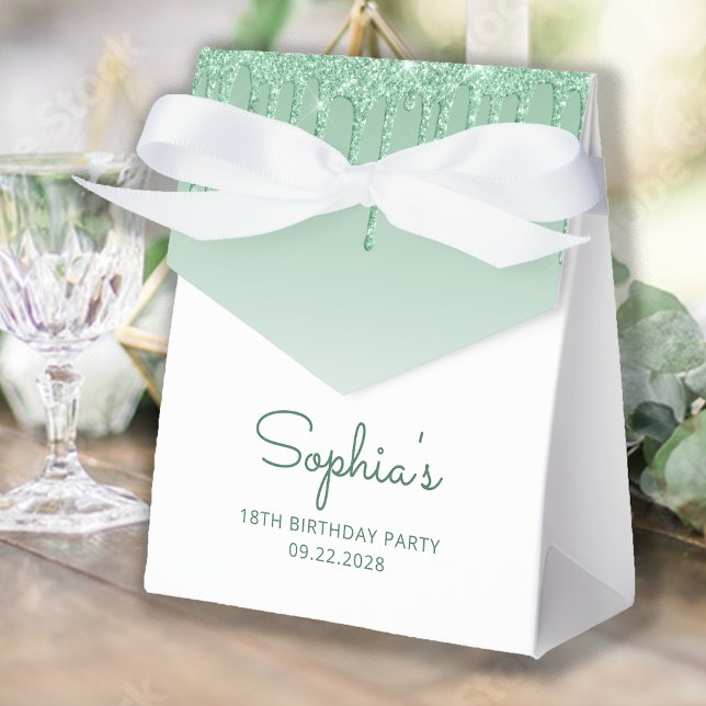 18th Birthday Elegant Green Glitter Drip Script Favor Boxes (Creator Uploaded)