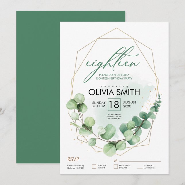 18th Birthday Eucalyptus Elegant Modern Green Invitation (Front/Back)