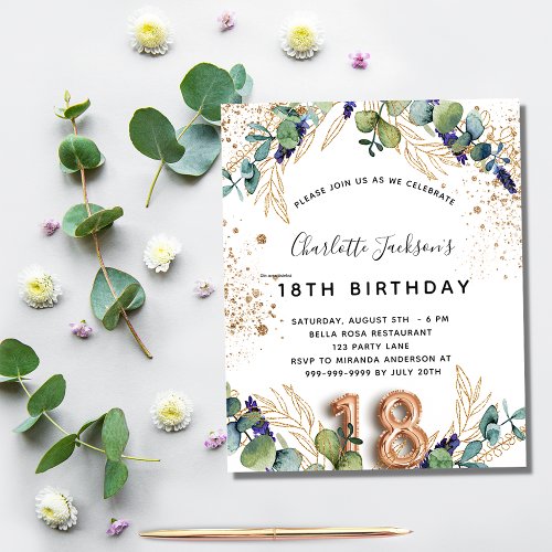 18th birthday eucalyptus greenery glitter elegant  invitation postcard