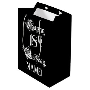 18th Birthday: Fancy, Elegant Script + Custom Name Medium Gift Bag