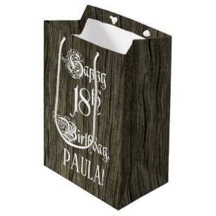 18th Birthday: Fancy, Faux Wood Look + Custom Name Medium Gift Bag