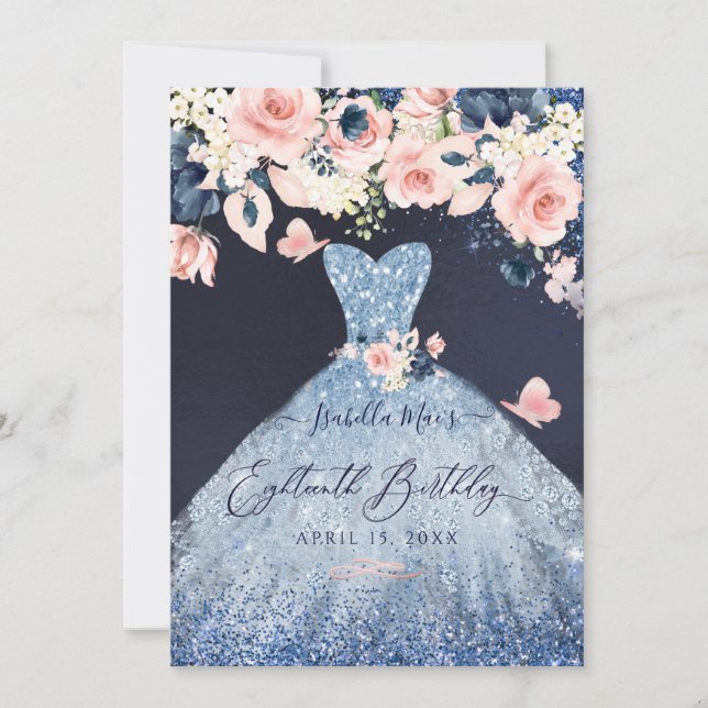 18th Birthday Floral Dusty Blue Glitter Gown Invitation (Front)