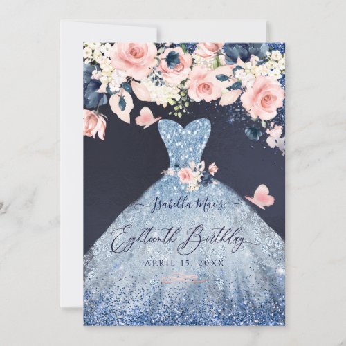 18th Birthday Floral Dusty Blue Glitter Gown Invitation
