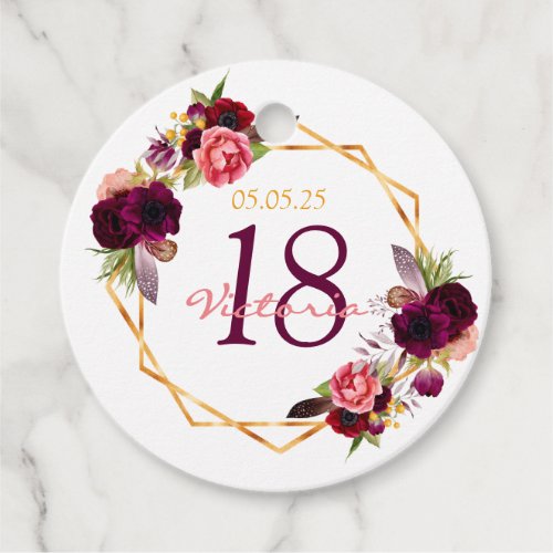 18th birthday floral gold geo burgundy thank you favor tags