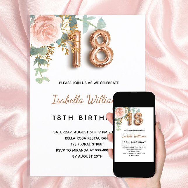 18th birthday floral rose gold eucalyptus greenery invitation (Creator Uploaded)