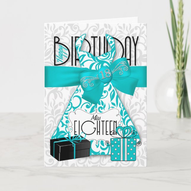18th Birthday for Her Trendy Bling Turquoise Dress Card (Front)