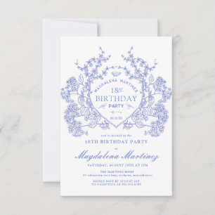 18th Birthday French Vintage Blue Floral Crest Invitation