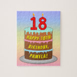 [ Thumbnail: 18th Birthday: Fun Cake and Candles + Custom Name Jigsaw Puzzle ]