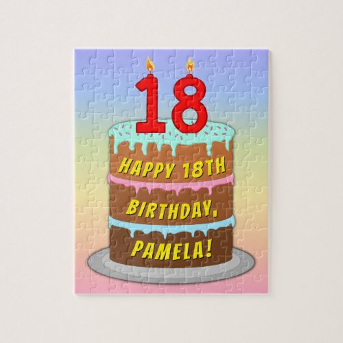 18th Birthday Fun Cake and Candles  Custom Name Jigsaw Puzzle