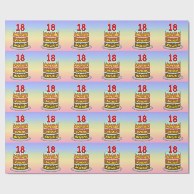 18th Birthday: Fun Cake and Candles + Custom Name Wrapping Paper (Flat)