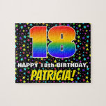 18th Birthday — Fun, Colorful Star Field Pattern Jigsaw Puzzle<br><div class="desc">This colorful and vibrant birthday-themed jigsaw puzzle design features a large number “18” with a multicolored rainbow spectrum inspired gradient pattern, along with the message “HAPPY 18th BIRTHDAY, ”, and a personalized recipient name. The background features an eye-catching, multicolored star field pattern. A fun, editable birthday puzzle like this might...</div>