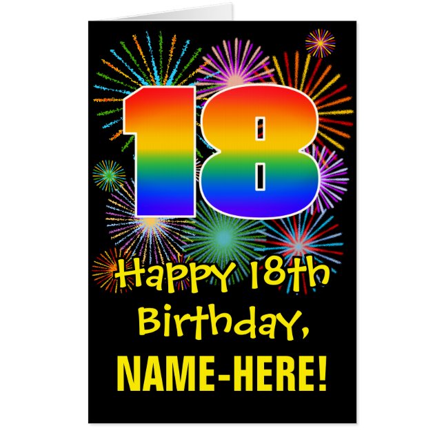18th Birthday: Fun Fireworks Pattern & Rainbow 18 Card (Front)
