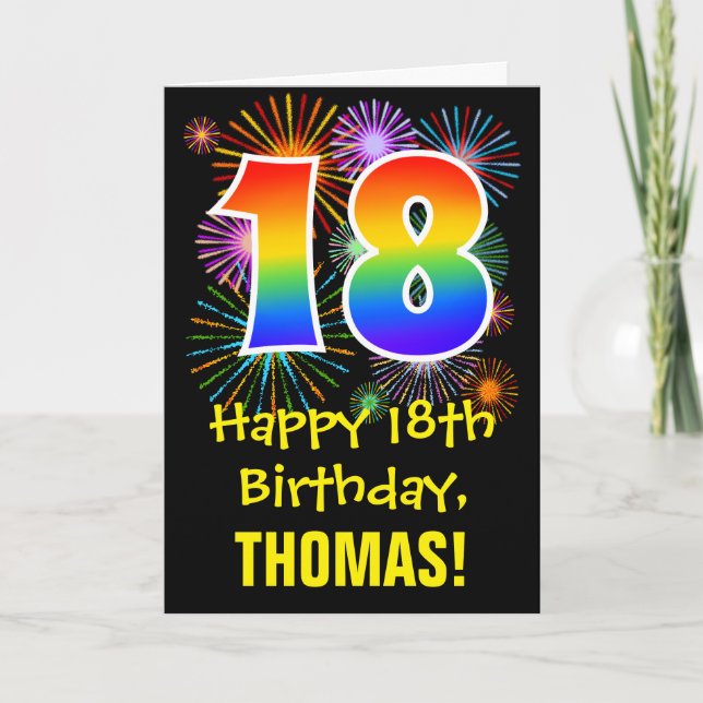 18th Birthday: Fun Fireworks Pattern + Rainbow 18 Card (Front)
