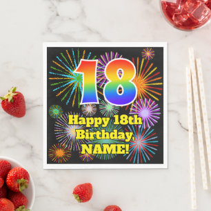 18th Birthday: Fun Fireworks Pattern + Rainbow 18 Napkins